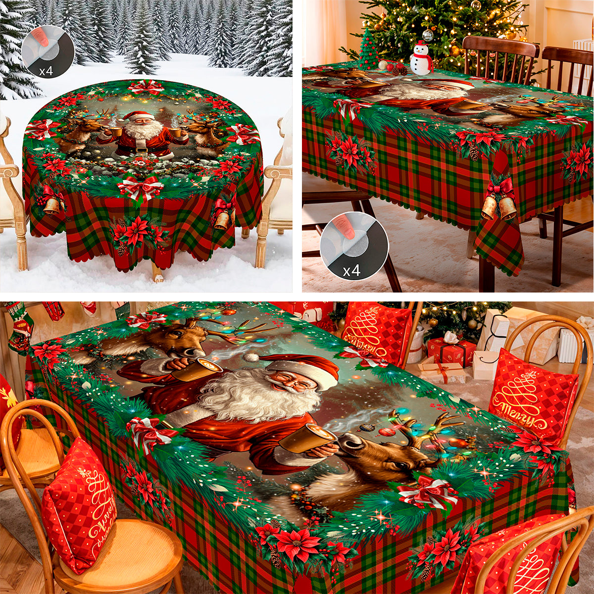 Merry Christmas Tablecloth, Snowman Santa Claus Christmas tree Stain-Resistant Dining Table Cover for Holiday Decor