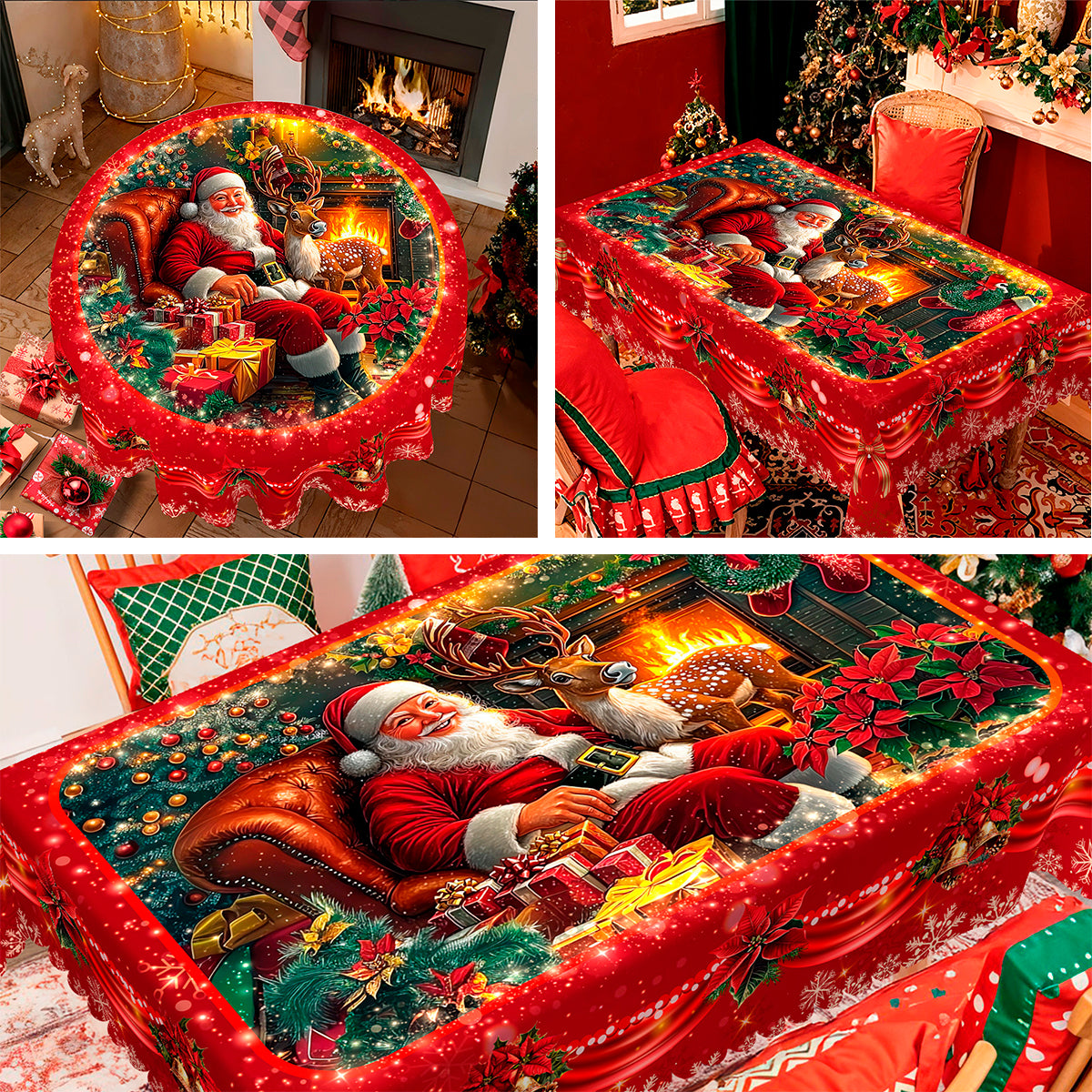 Christmas Tablecloth with Santa, Reindeer and Snowman Designs, Dustproof Dining Table Cover for Festive Holiday Decor