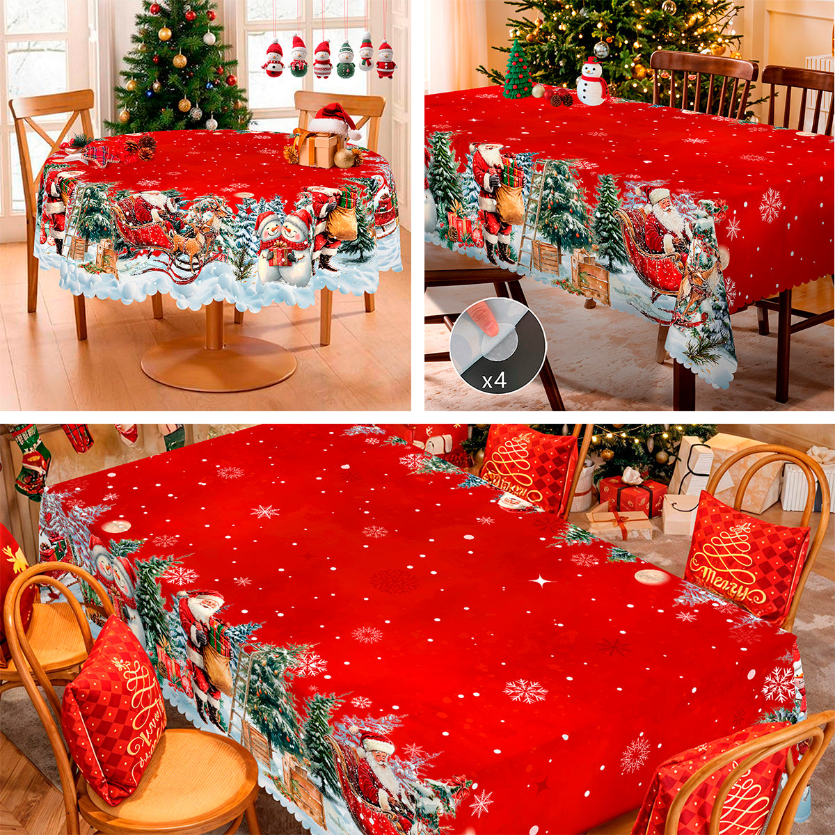 Christmas Tablecloth, Santa Claus and Christmas tree Stain-Resistant Table Cover for Dining Table Holiday Decoration