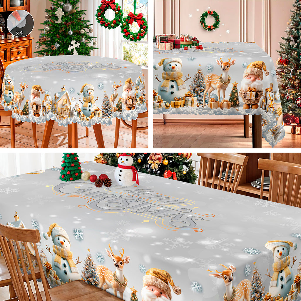 Christmas Tablecloth with Santa, Reindeer and Snowman Designs, Dustproof Dining Table Cover for Festive Holiday Decor