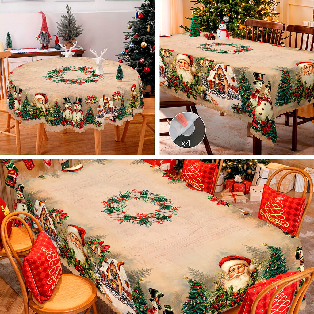 Christmas Tablecloth, Santa Claus and Christmas tree Stain-Resistant Table Cover for Dining Table Holiday Decoration