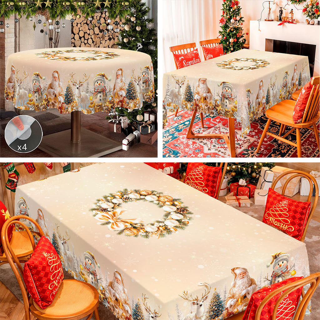 Christmas Tablecloth with Santa, Reindeer and Snowman Designs, Dustproof Dining Table Cover for Festive Holiday Decor