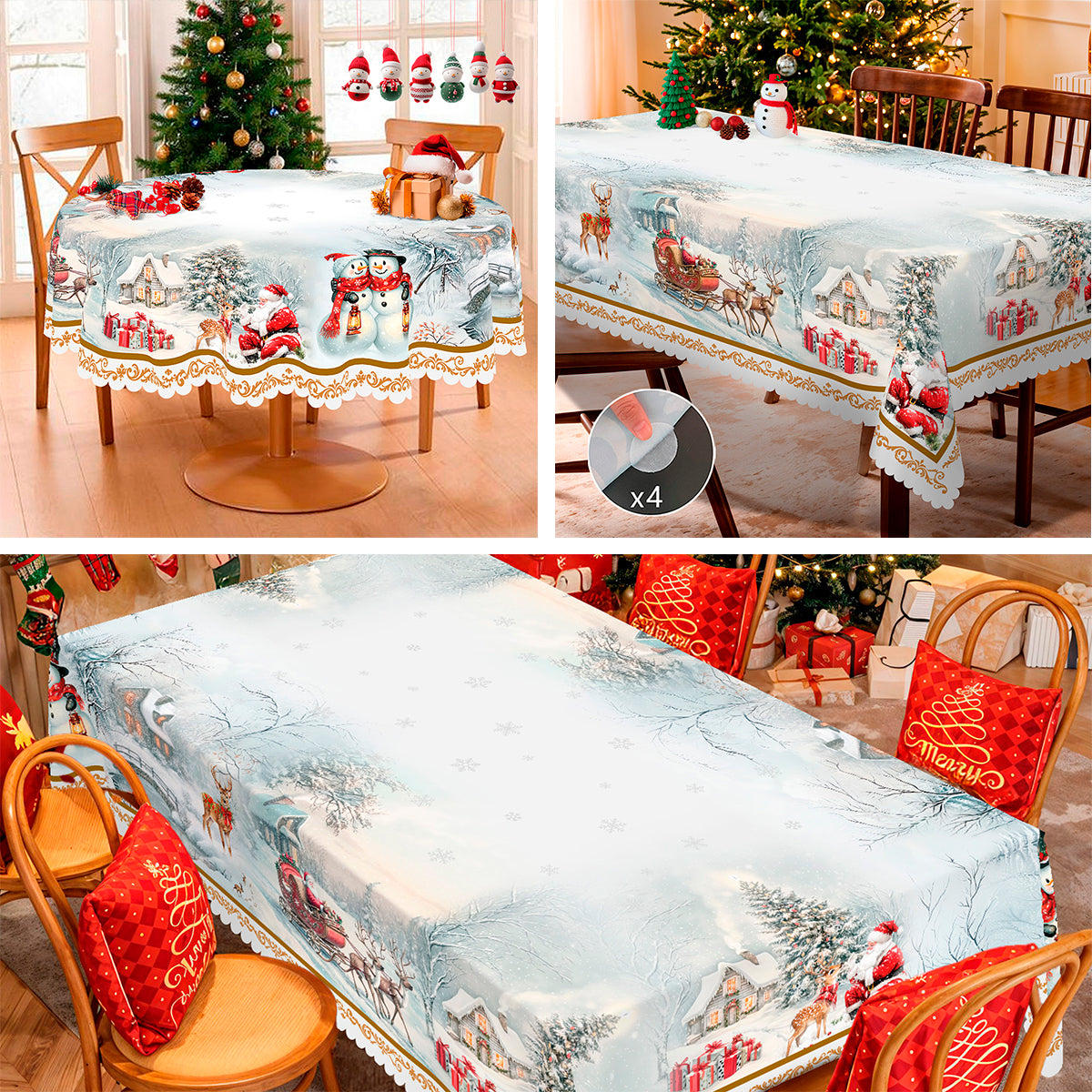 Merry Christmas Tablecloth, Snowman Santa Claus Christmas tree Stain-Resistant Dining Table Cover for Holiday Decor
