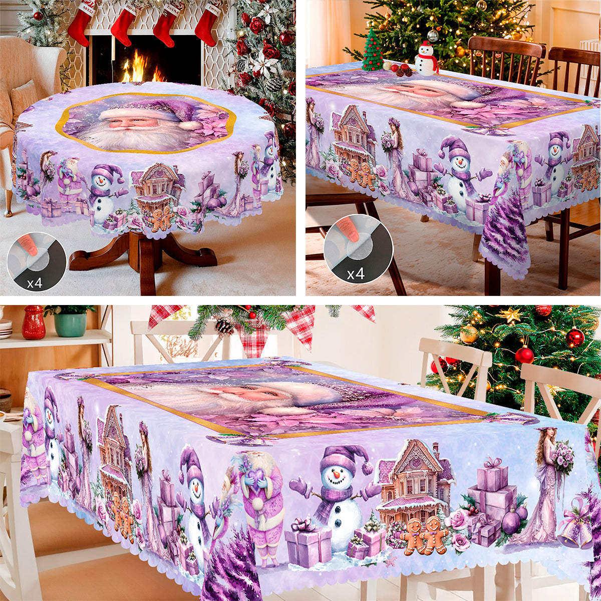Christmas Tablecloth with Santa, Reindeer and Snowman Designs, Dustproof Dining Table Cover for Festive Holiday Decor