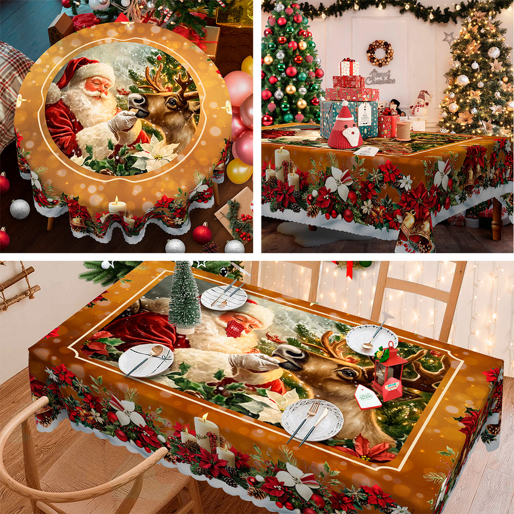 Christmas Tablecloth, Santa Claus and Christmas tree Stain-Resistant Table Cover for Dining Table Holiday Decor