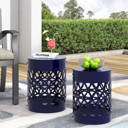12" Teal Floral Cutout Metal Outdoor Side Table, Weather Resistant Iron Accent End Table for Patio, Balcony, Garden & Living Room