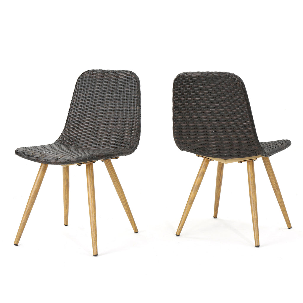 Woven Wicker Outdoor Dining Chairs with Sturdy Iron Frame & Tapered Legs (Set of 2)