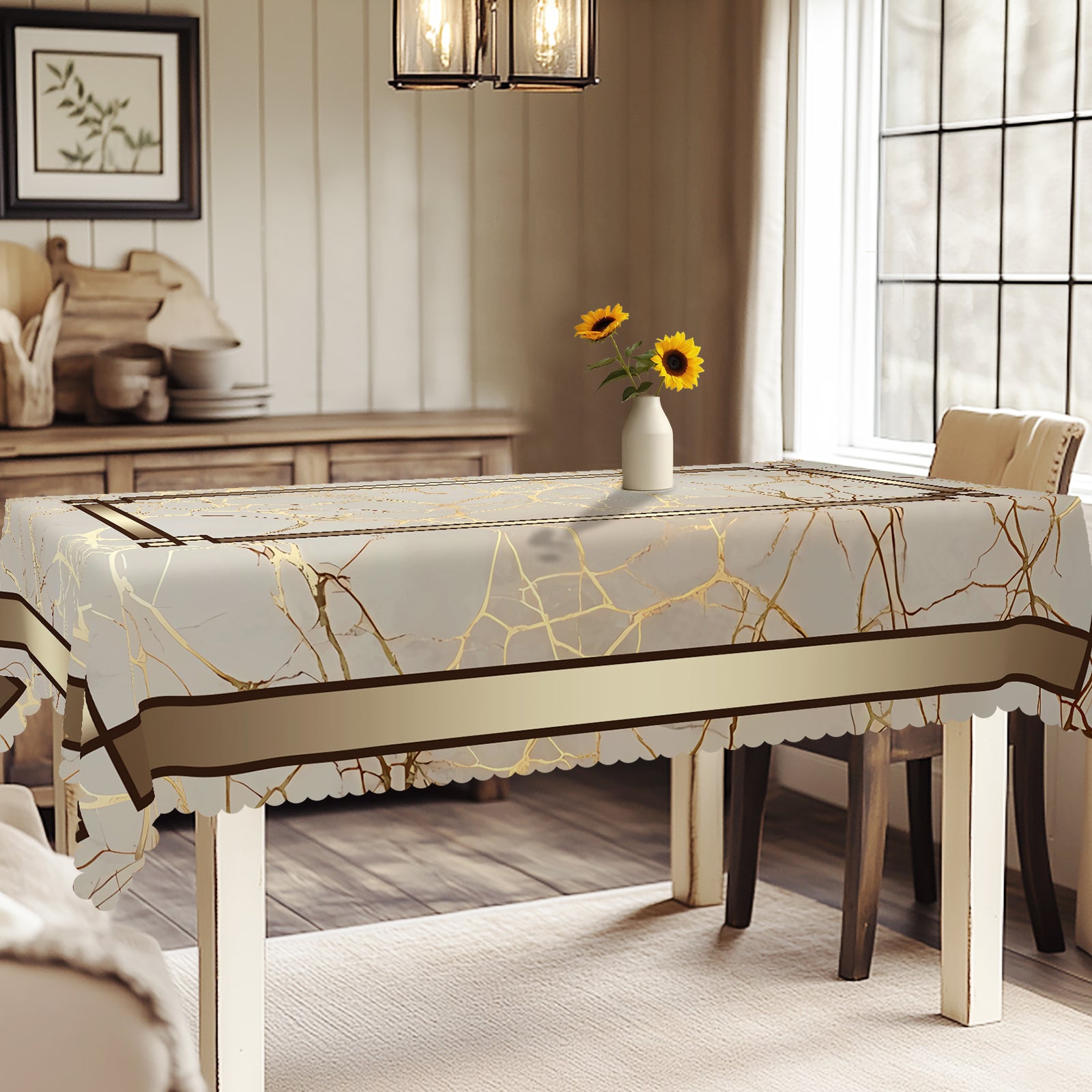 Vintage Golden stripes Tablecloth, Dustproof Easy-Care Dining Table Cover for Indoor Outdoor Use and Festive Home Decor