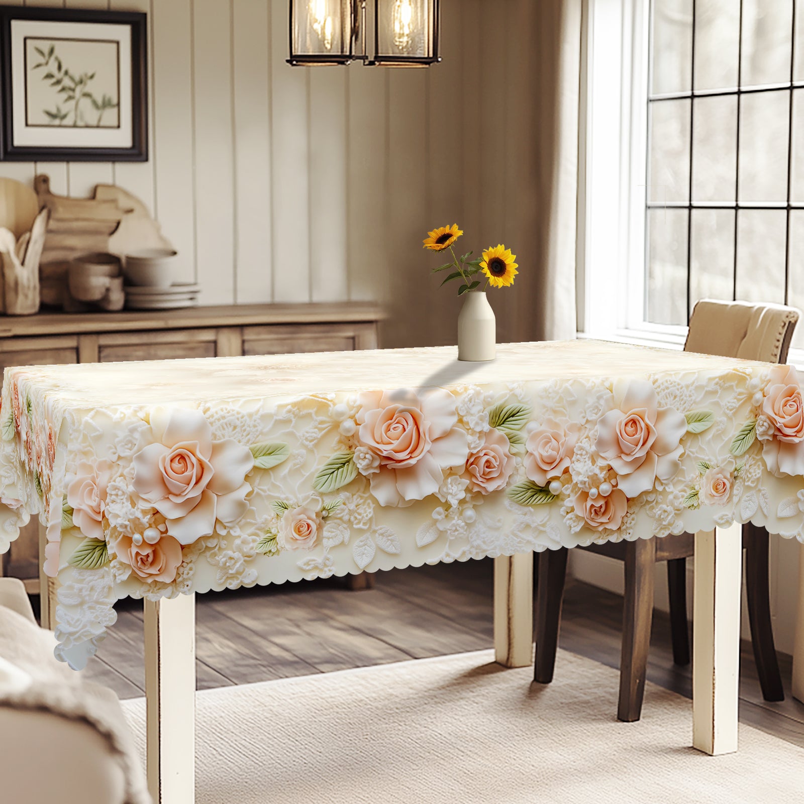 Floral Tablecloth with Colorful Flowers, Dustproof Easy-Care Dining Table Cover for Indoor Outdoor Use and Festive Home Decor
