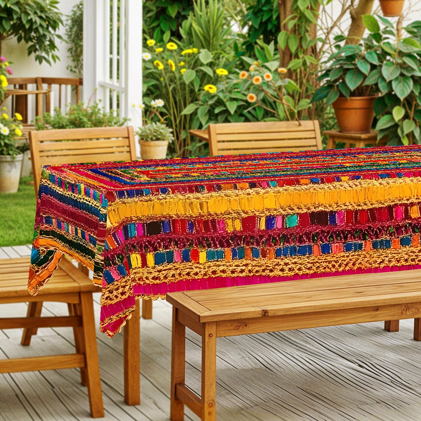 Bohemian Tablecloth with Colorful Pattern, Dustproof Easy-Care Dining Table Cover for Indoor Outdoor Use and Festive Decor