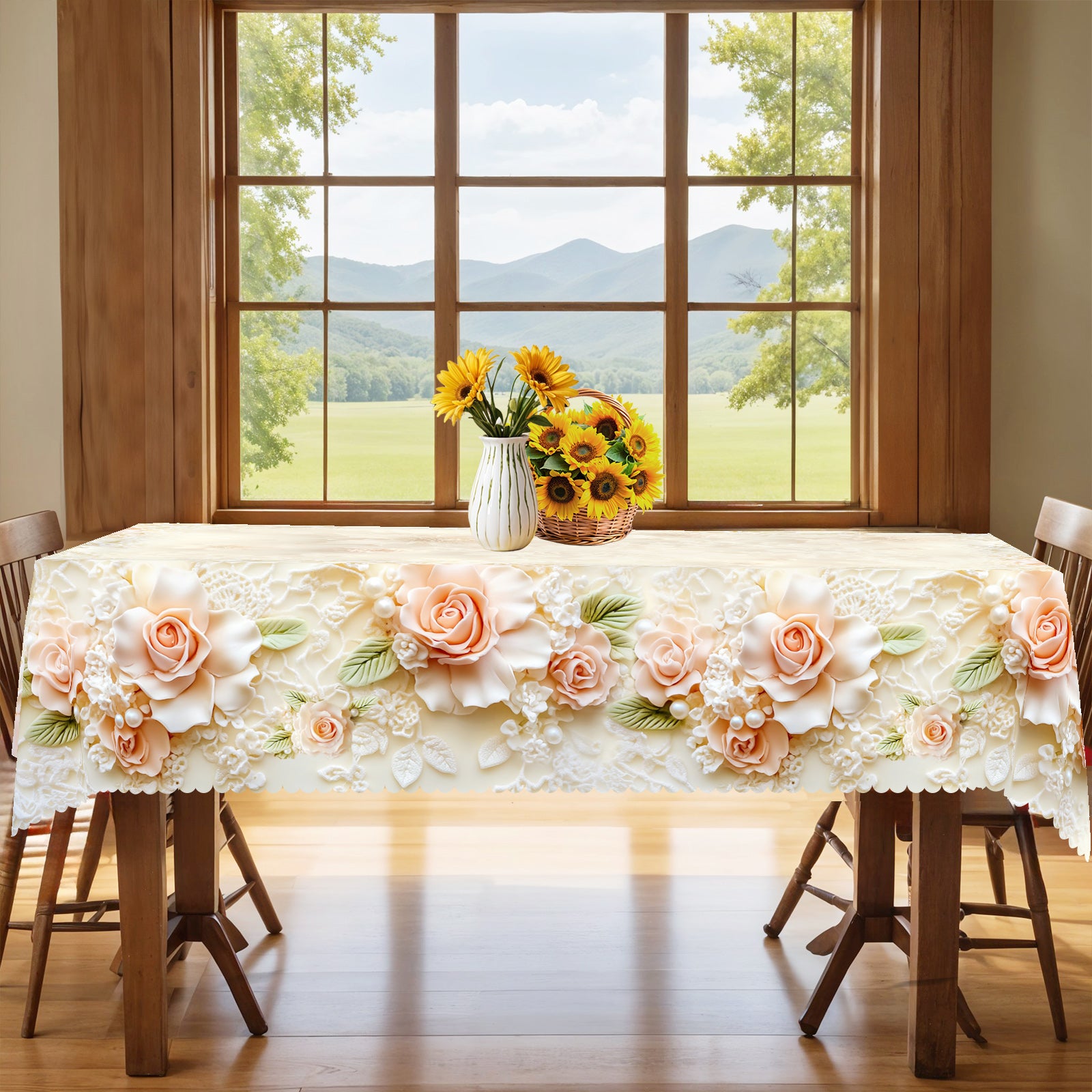 Floral Tablecloth with Colorful Flowers, Dustproof Easy-Care Dining Table Cover for Indoor Outdoor Use and Festive Home Decor