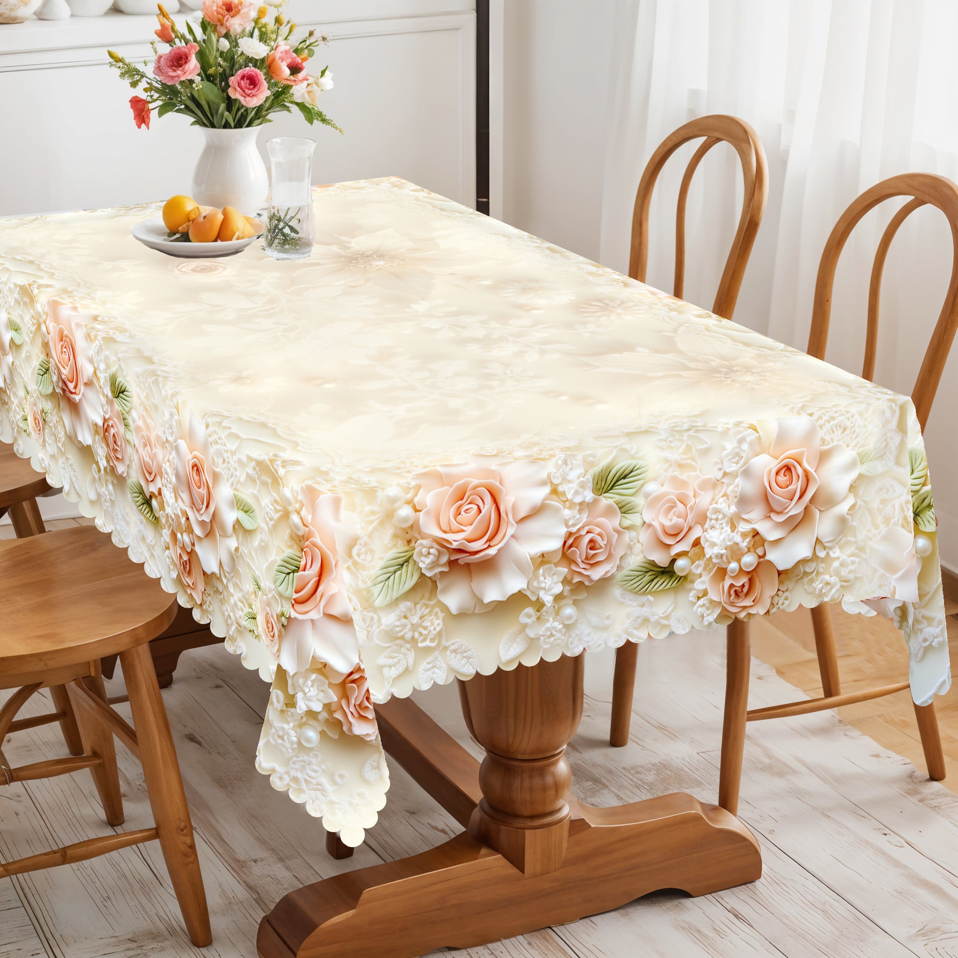 Floral Tablecloth with Colorful Flowers, Dustproof Easy-Care Dining Table Cover for Indoor Outdoor Use and Festive Home Decor