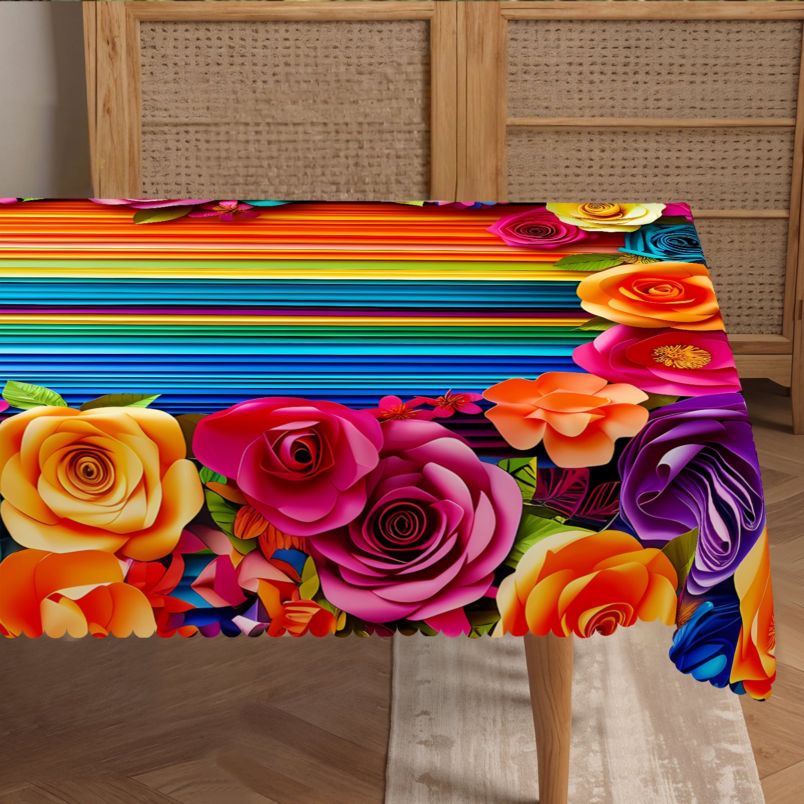Mexican Floral Tablecloth, Colorful Fiesta Style Dustproof Easy-Care Dining Table Cover for Indoor Outdoor Decor