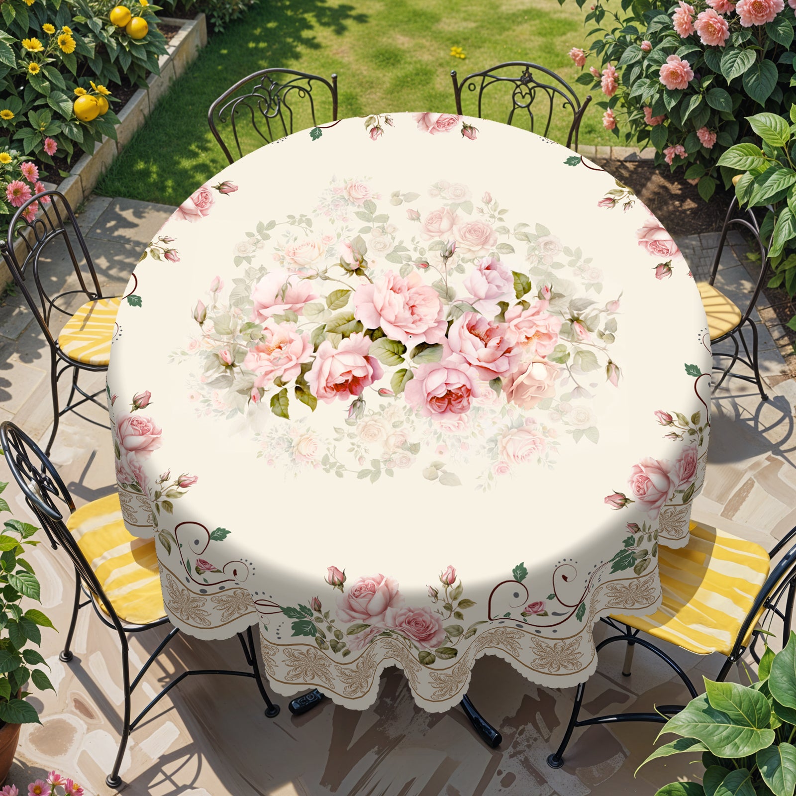 Floral Tablecloth with Colorful Flowers, Dustproof Easy-Care Dining Table Cover for Indoor Outdoor Use and Festive Home Decor