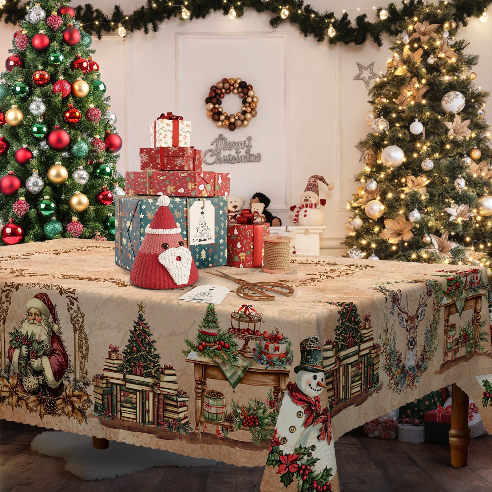 Christmas Tablecloth, Santa Claus and Christmas tree Stain-Resistant Table Cover for Dining Table Holiday Decor