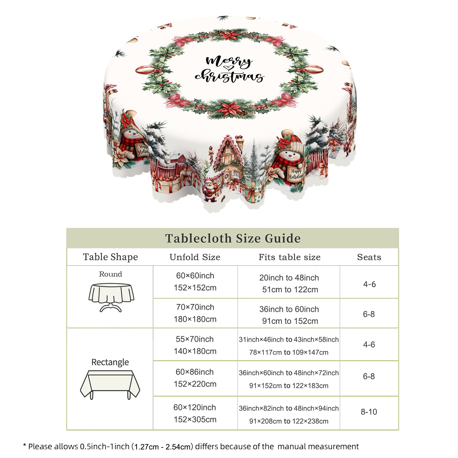 Christmas Tablecloth with Santa, elk and Wreath Designs, Dustproof Dining Table Cover for Holiday Decor