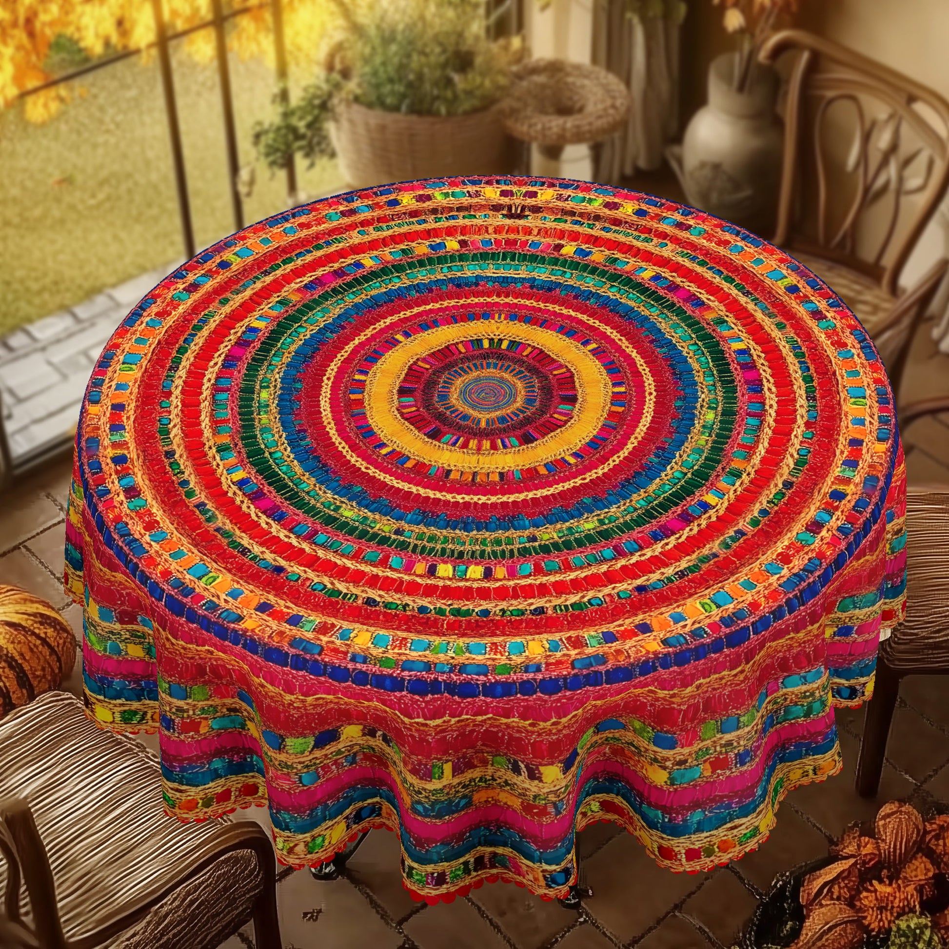 Bohemian Tablecloth with Colorful Pattern, Dustproof Easy-Care Dining Table Cover for Indoor Outdoor Use and Festive Decor