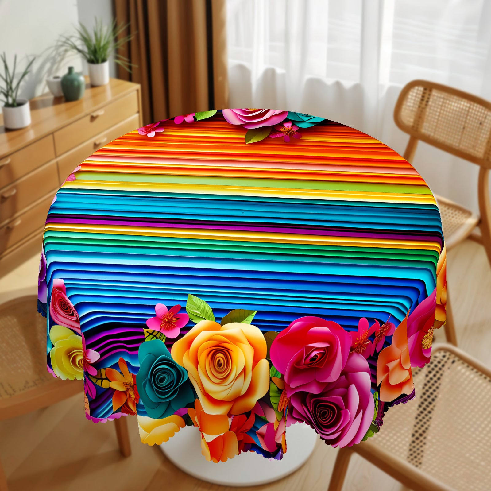 Mexican Floral Tablecloth, Colorful Fiesta Style Dustproof Easy-Care Dining Table Cover for Indoor Outdoor Decor