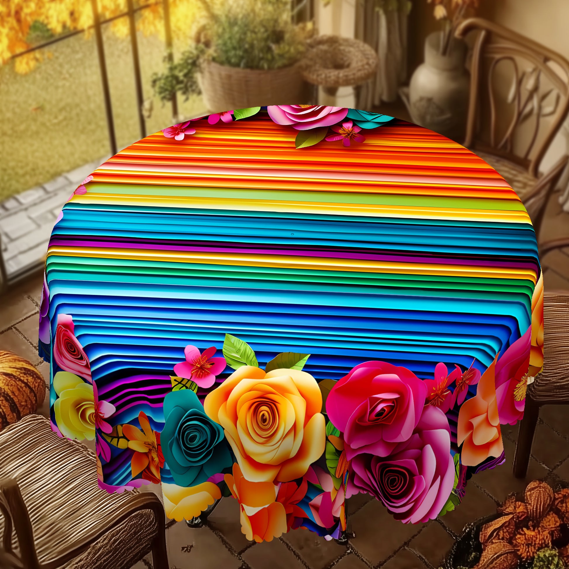 Mexican Floral Tablecloth, Colorful Fiesta Style Dustproof Easy-Care Dining Table Cover for Indoor Outdoor Decor