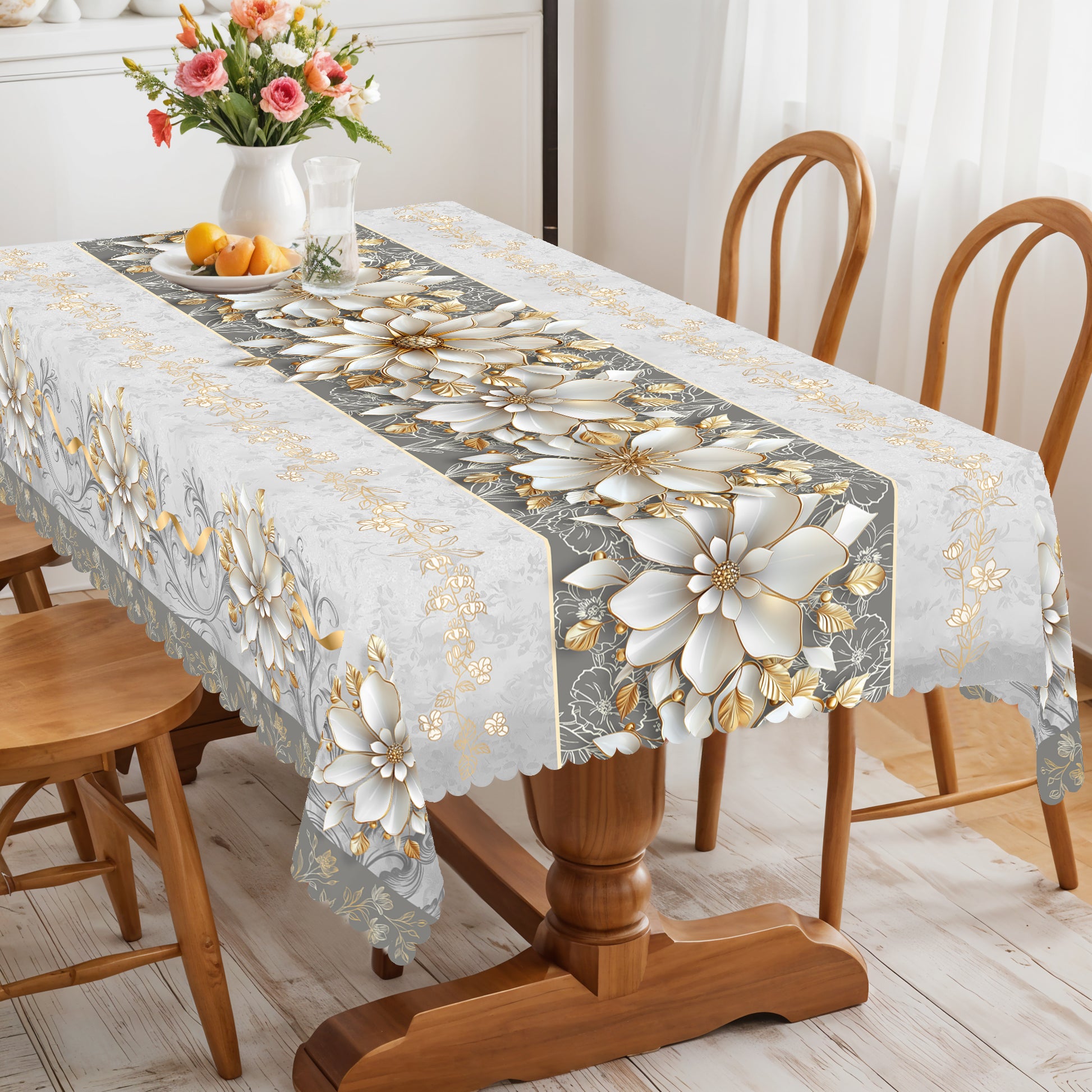 Floral Tablecloth with Colorful Flowers, Dustproof Easy-Care Dining Table Cover for Indoor Outdoor Use and Festive Home Decor