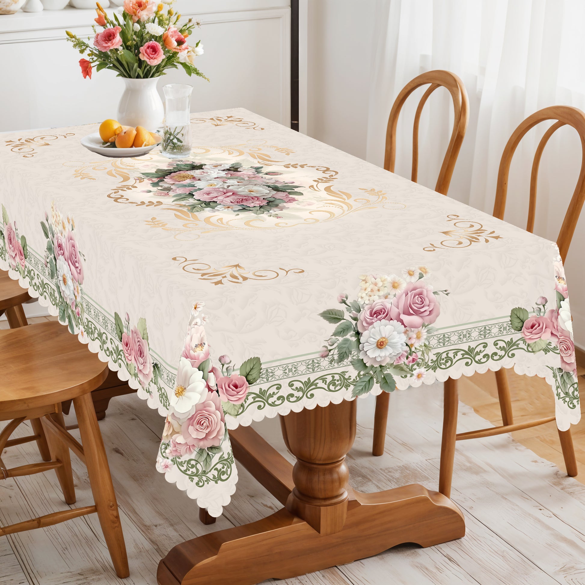 Floral Tablecloth with Colorful Flowers, Dustproof Easy-Care Dining Table Cover for Indoor Outdoor Use and Festive Home Decor