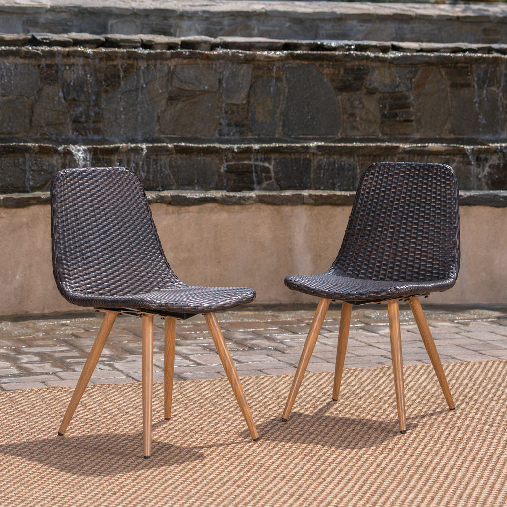 Woven Wicker Outdoor Dining Chairs with Sturdy Iron Frame & Tapered Legs (Set of 2)