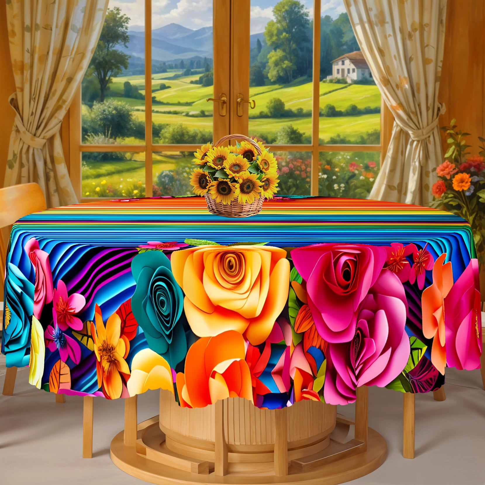 Mexican Floral Tablecloth, Colorful Fiesta Style Dustproof Easy-Care Dining Table Cover for Indoor Outdoor Decor