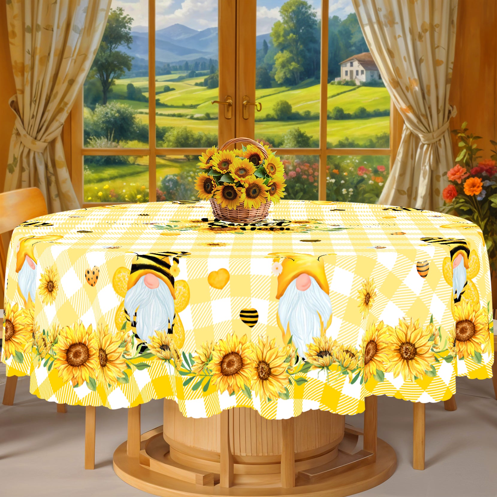 Sunflower Tablecloth with Colorful Floral Design, Dustproof Easy-Care Dining Table Cover for Indoor Outdoor Festive Decor