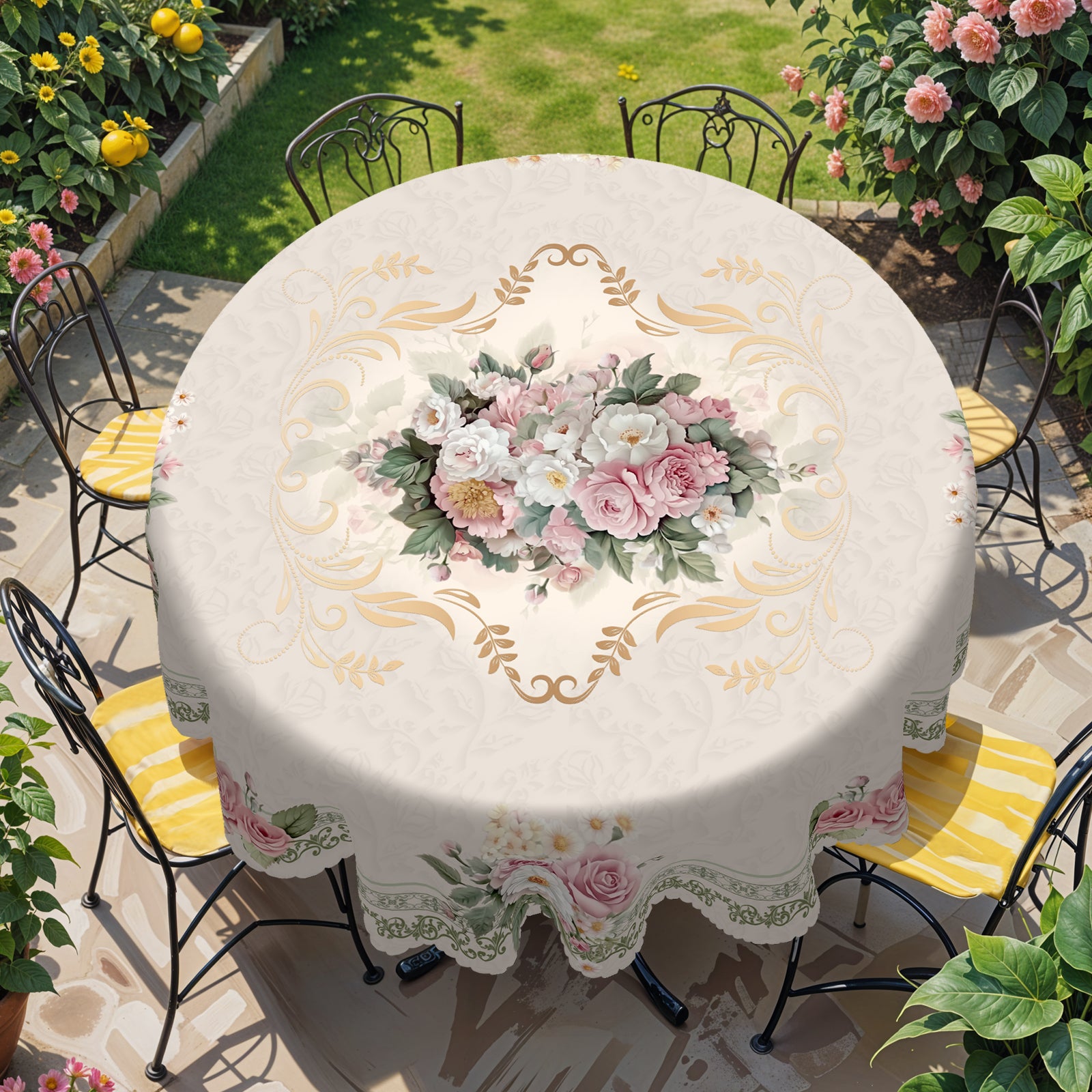 Floral Tablecloth with Colorful Flowers, Dustproof Easy-Care Dining Table Cover for Indoor Outdoor Use and Festive Home Decor