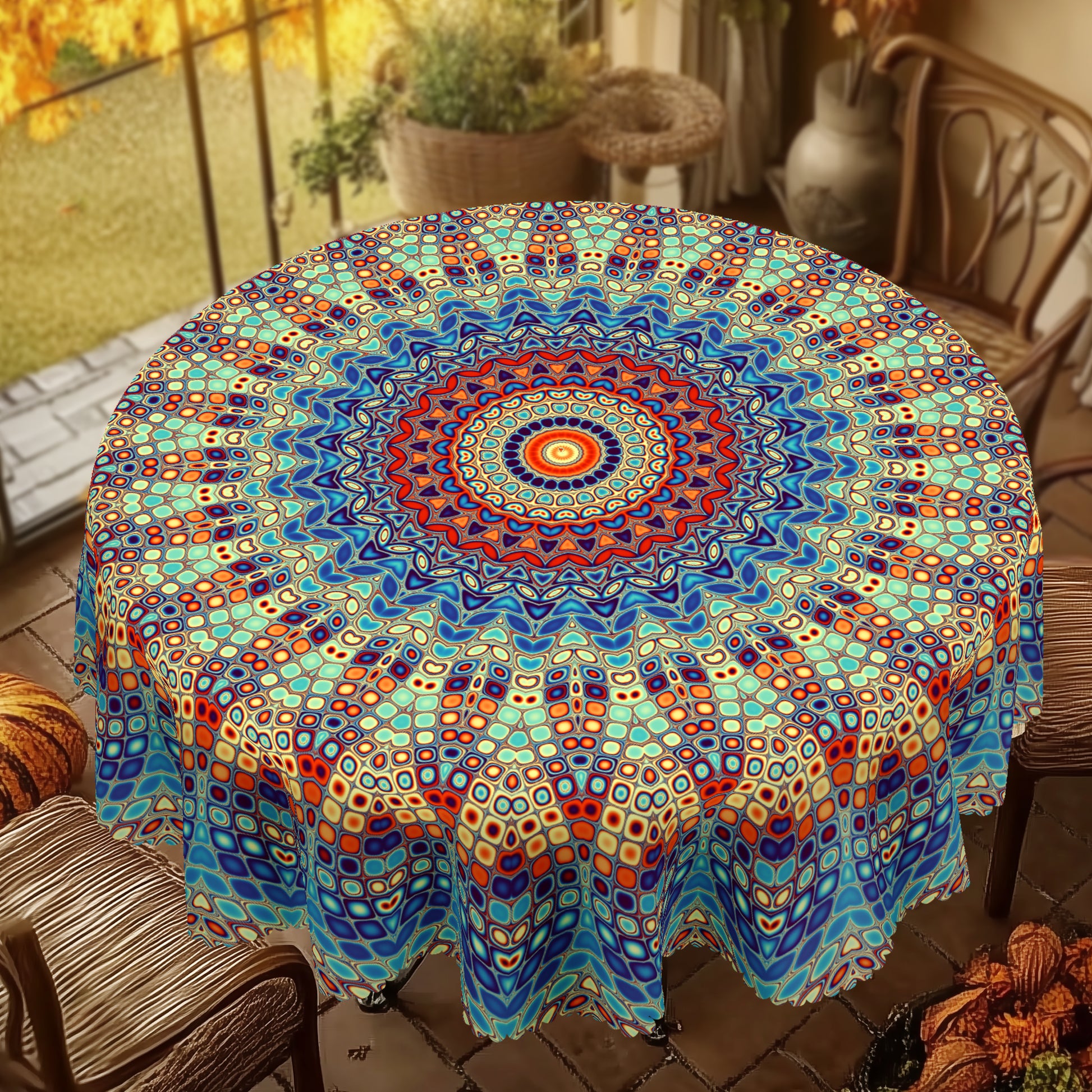 Bohemian Tablecloth with Colorful Pattern, Dustproof Easy-Care Dining Table Cover for Indoor Outdoor Use and Festive Decor