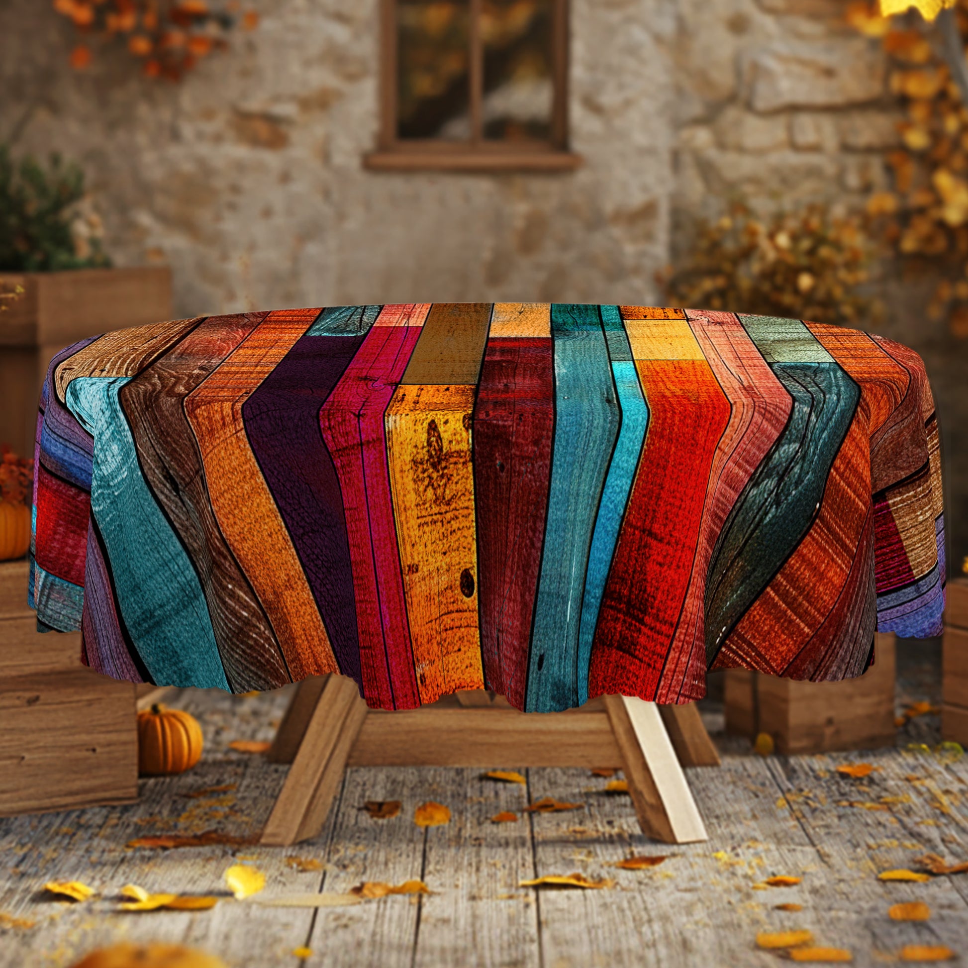 Colorful Wooden Plank Tablecloth, 60 inch round Dustproof Easy-Care Dining Table Cover for Indoor Outdoor Use and Festive Home Decor