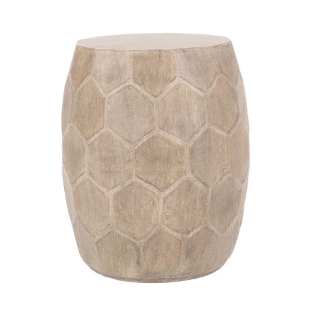 Boho Honeycomb Barrel Side Table, Lightweight Concrete with Natural Wood Finish, 15.25"x18.25" Accent Table, No Assembly Required