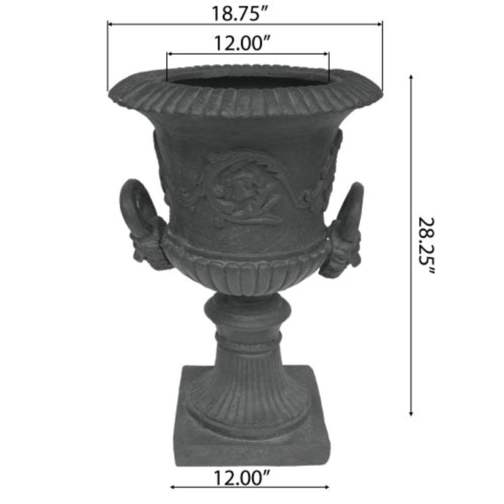 28.25" Black Chalice Urn Planter, Roman Style Faux Stone Decorative Plant Pot for Indoor Outdoor Garden Patio, Handmade Unique Square Base Flower Pot