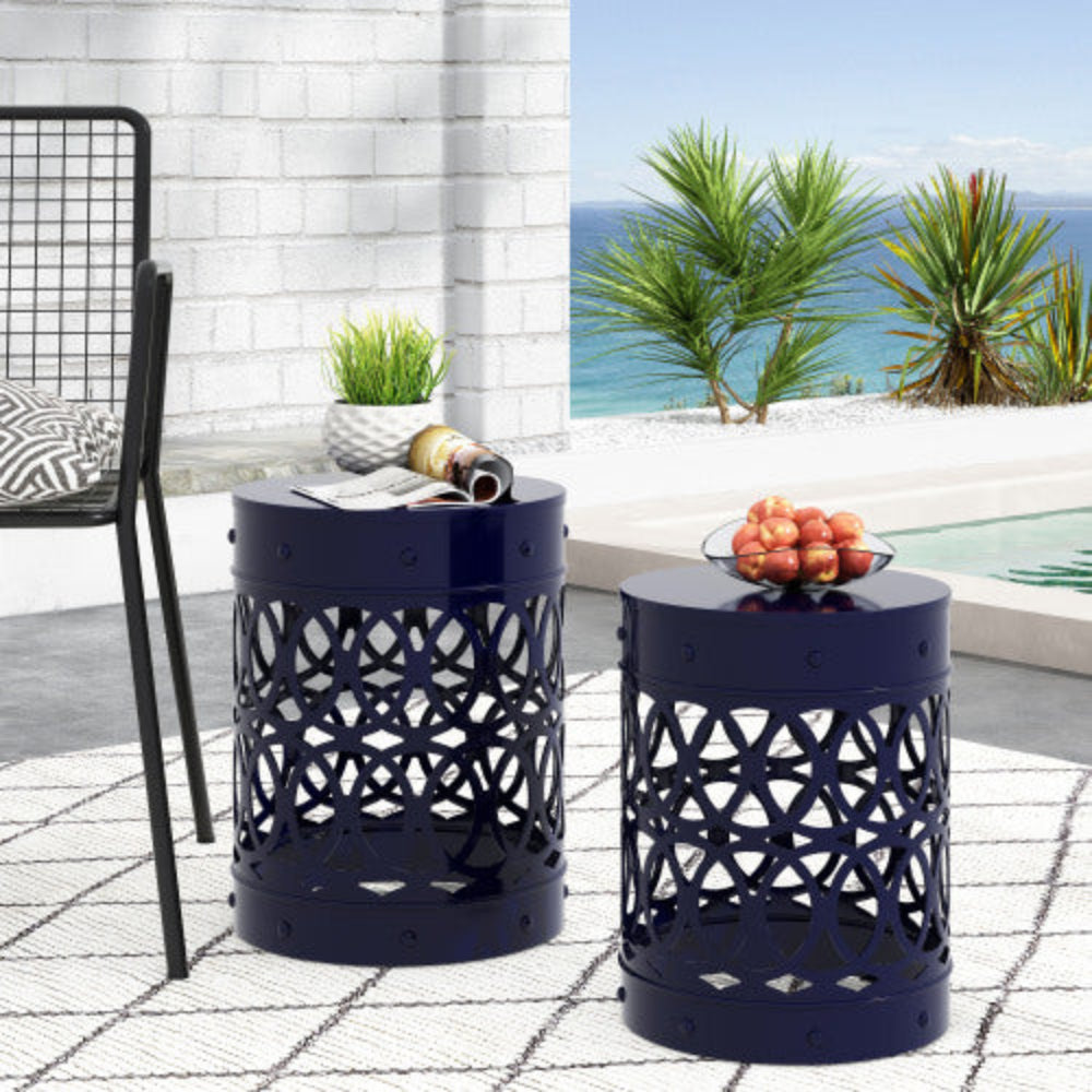 12" Teal Floral Cutout Metal Outdoor Side Table, Weather Resistant Iron Accent End Table for Patio, Balcony, Garden & Living Room