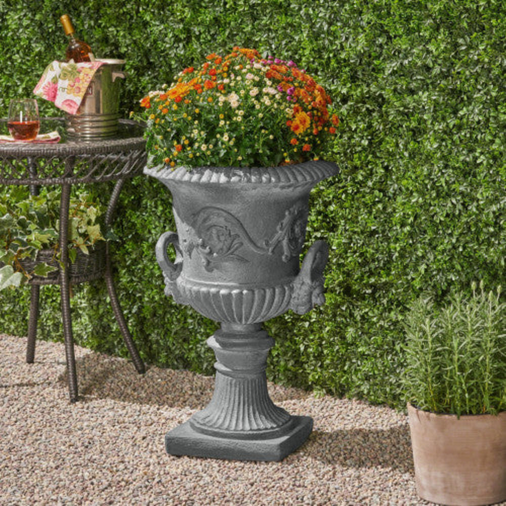 28.25" Black Chalice Urn Planter, Roman Style Faux Stone Decorative Plant Pot for Indoor Outdoor Garden Patio, Handmade Unique Square Base Flower Pot